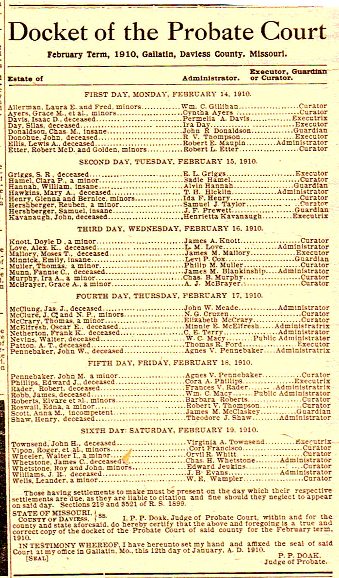 [Feb 1910 probate docket]